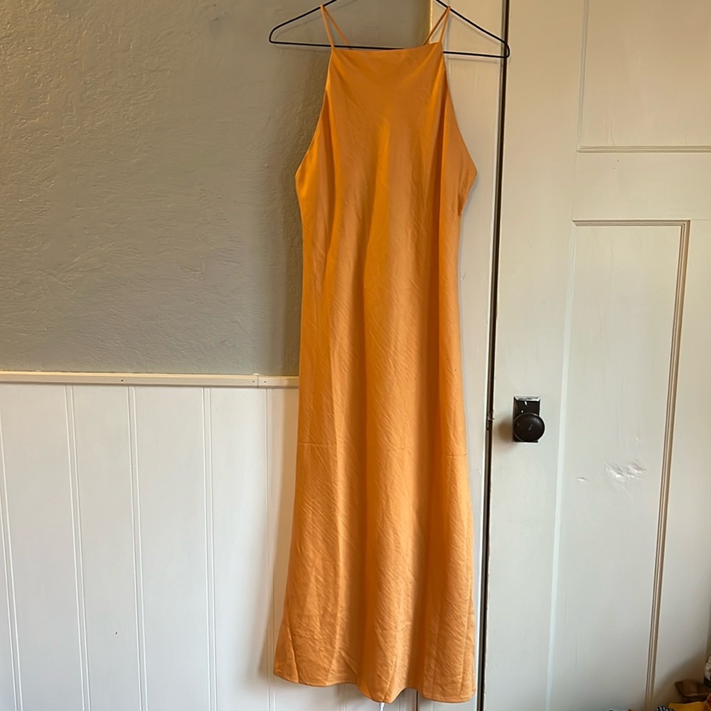 Sage - size M - orange satin cowl back midi dress